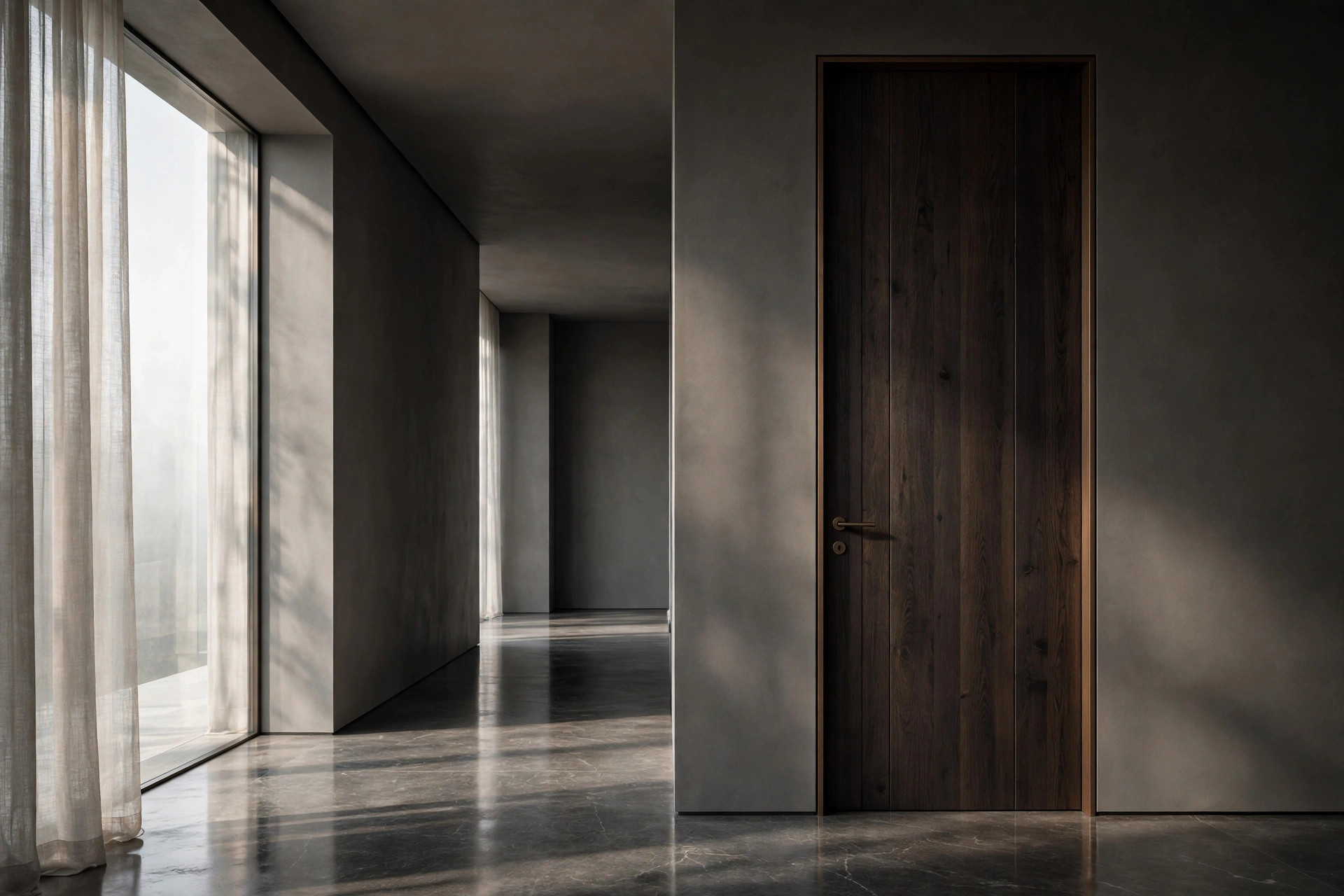 Dark-stained timber interior door system