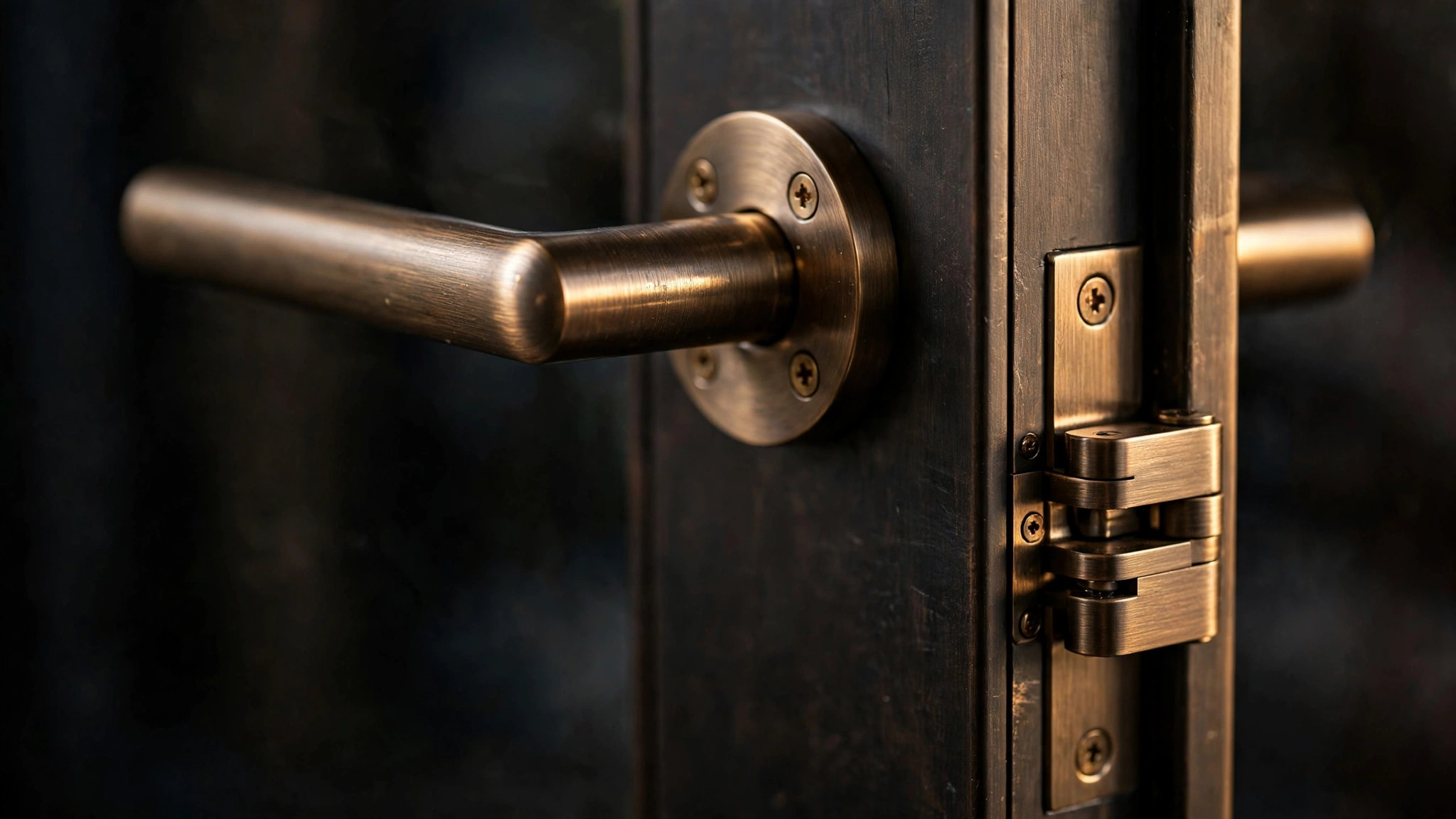Brushed bronze pull handle and pivot hinge close-up
