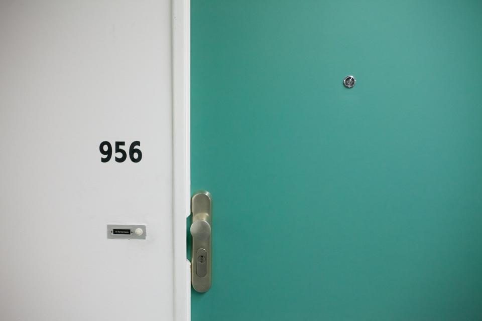 Flush painted door leaf with lever handle, escutcheon and card reader plate