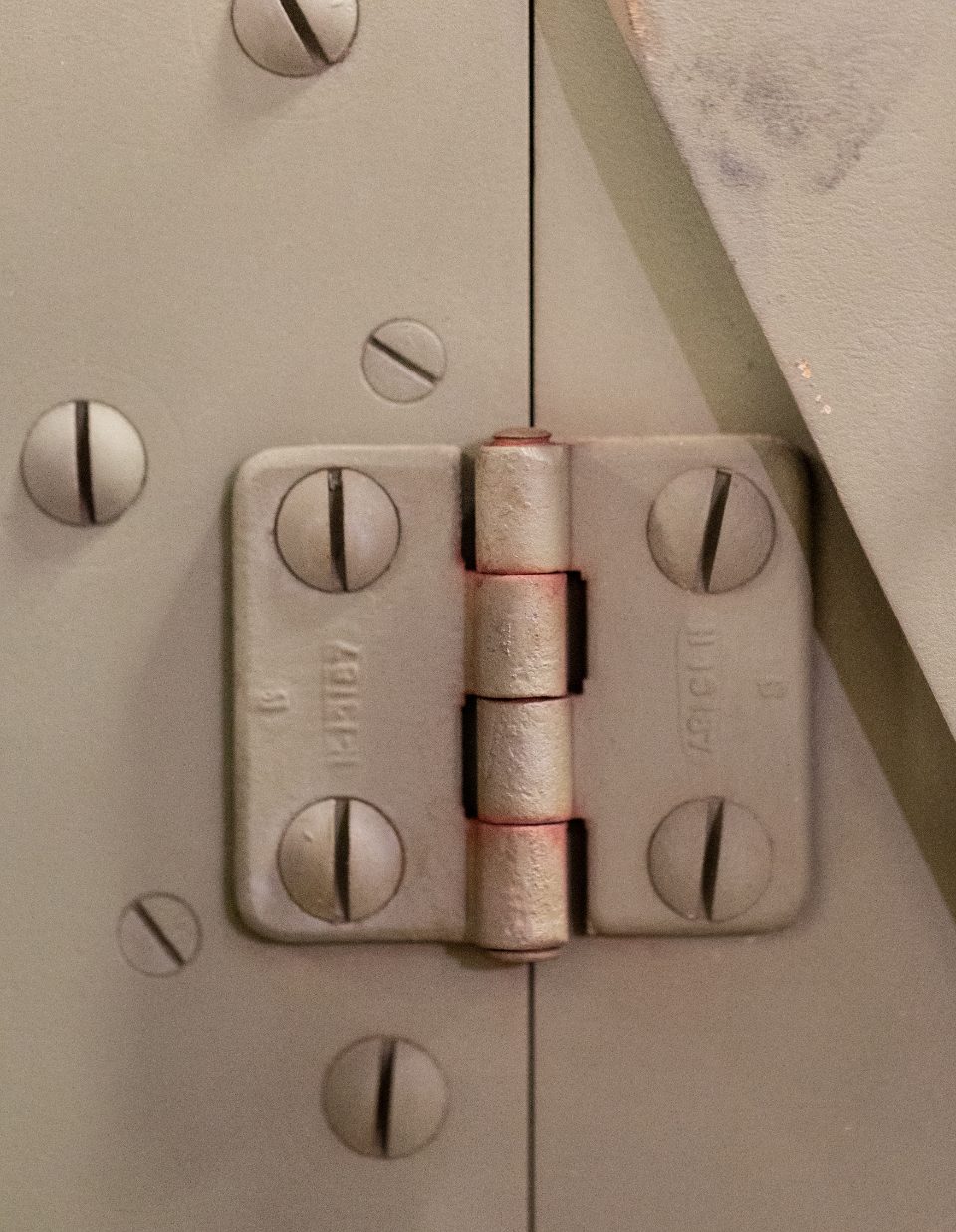 Close-up of a butt hinge fixed between door leaf and frame