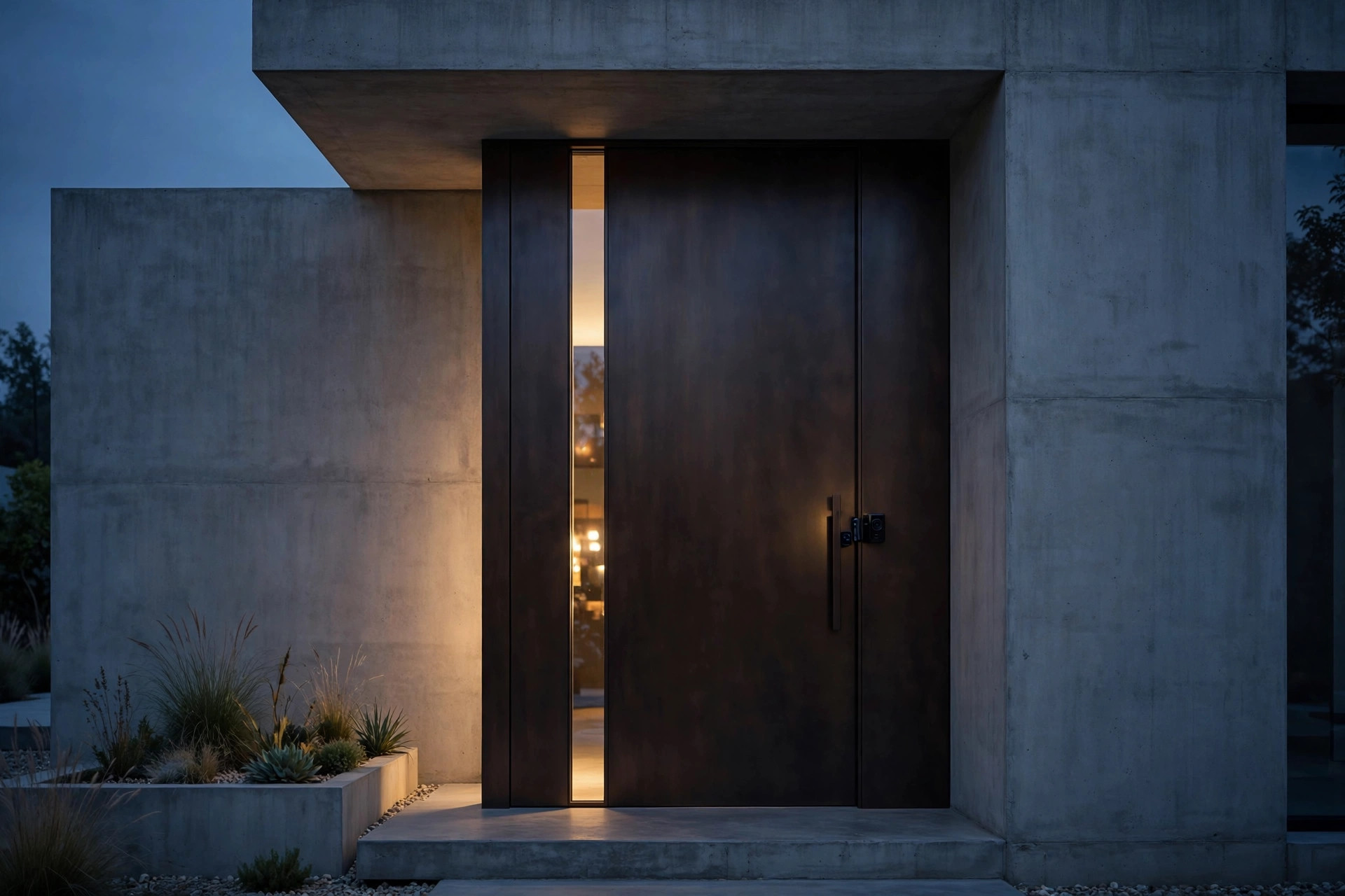 Minimal full-height entrance door with an integrated security camera