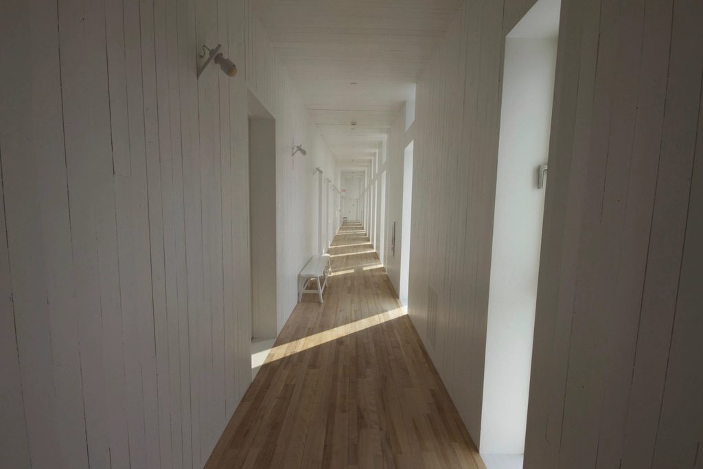 Flush door leaf and frame at the head of a narrow panelled circulation space