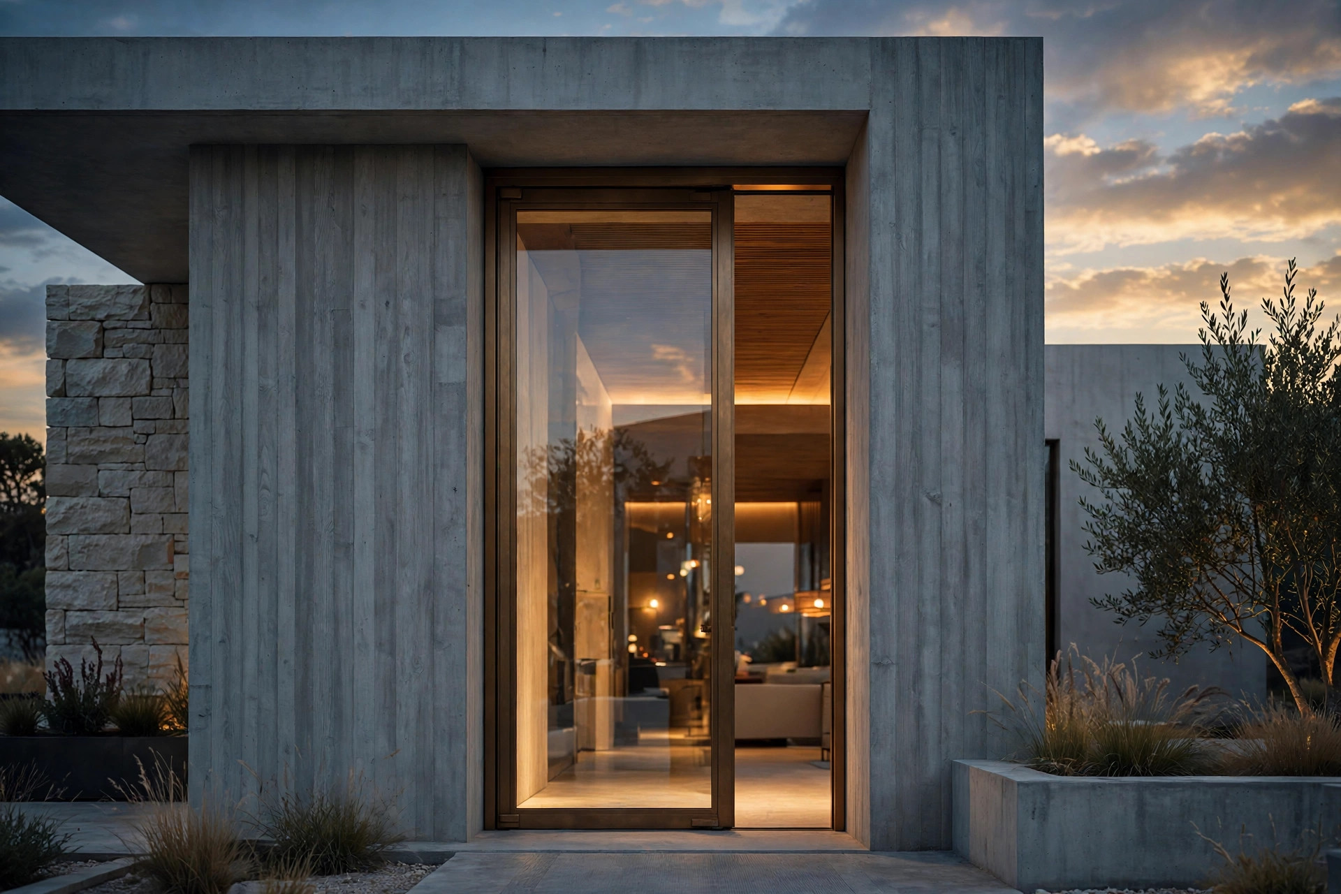 Full-height architectural pivot entry door