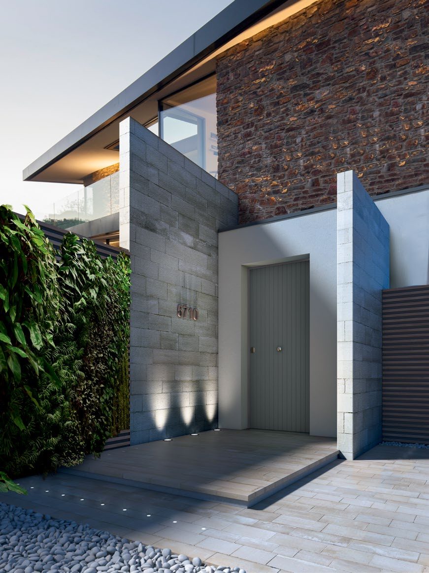 Steineingang mit architektonischer Beleuchtung