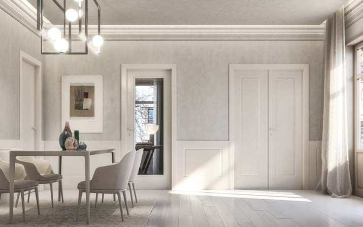 Portes à panneaux blanches dans la salle à manger