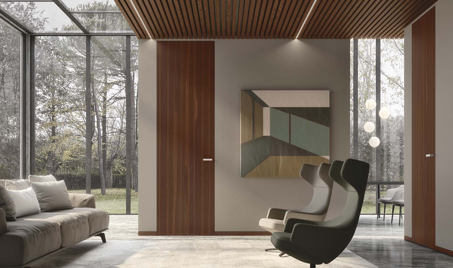 Portes intérieures en bois dans un salon orné d'œuvres d'art