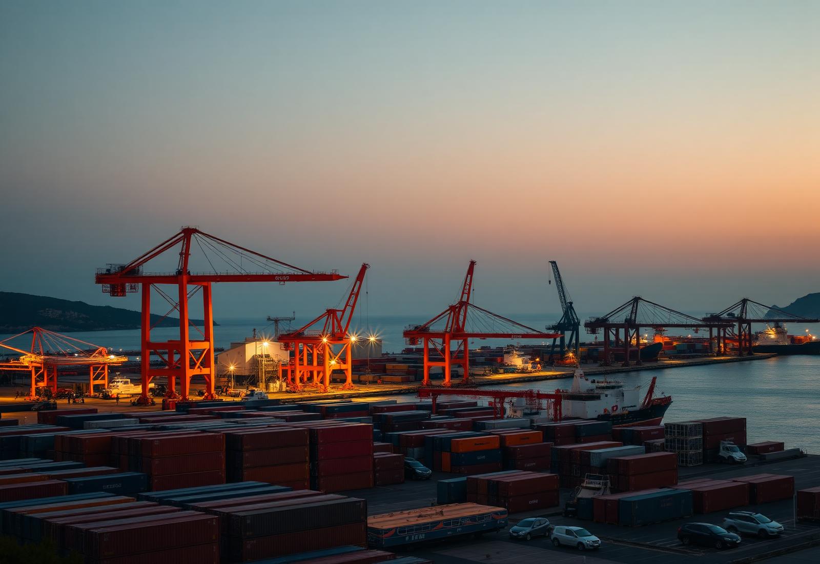 Mediterranean container port with cranes and staged shipping containers at dusk